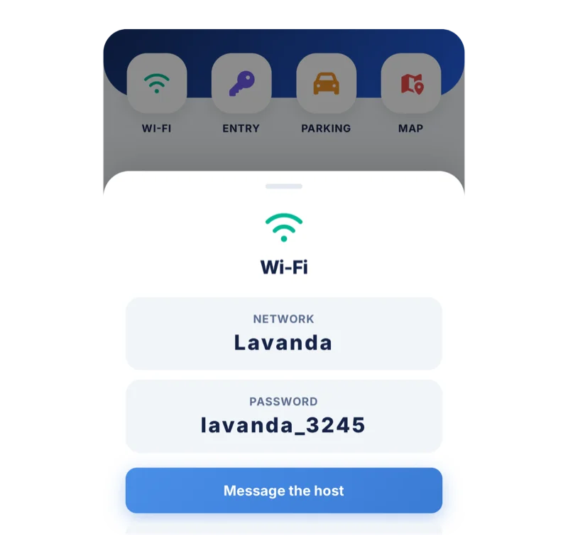 Guest information screen in Gostly – Wi-Fi, access and parking